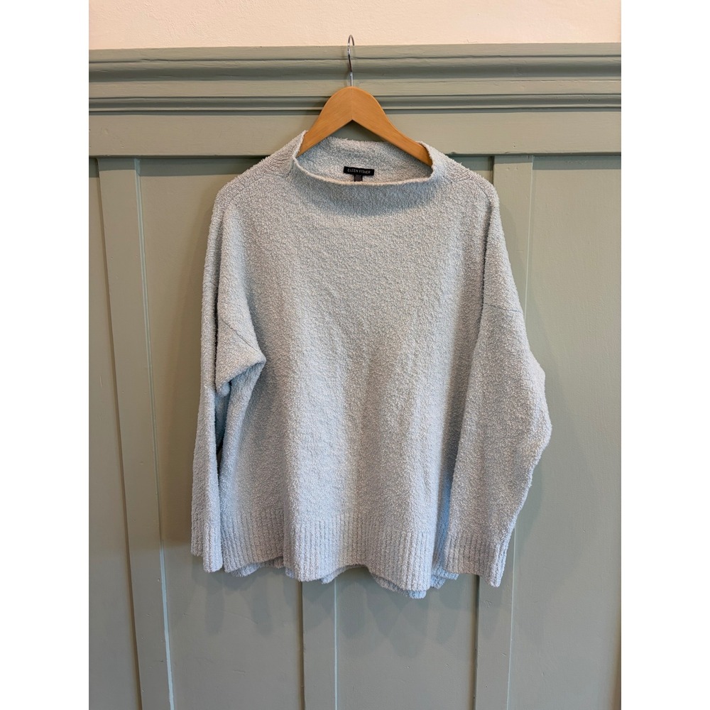 Eileen Fisher Organic Cotton Boucle Mock Neck Sweater Light Blue L